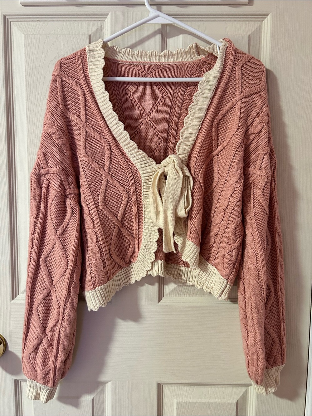 Cropped Pink Cable-Knit Lolita Cardigan with Cream Trim